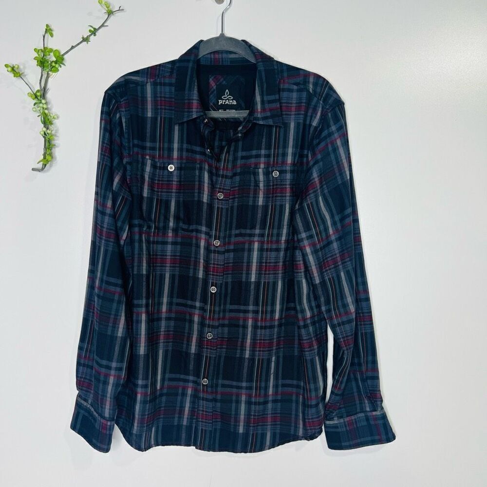 Prana Black Gray Burgundy Plaid Button Down Shirt Mens Med